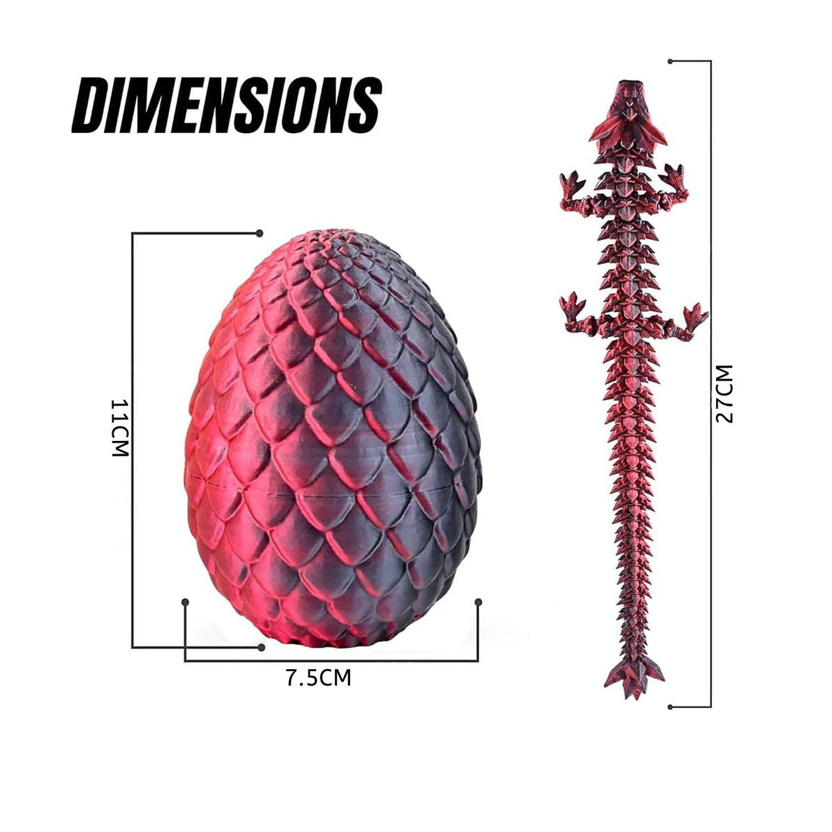Cart In Mart 3D Printed Dragon Egg - Articulated Crystal Dragon Inside Fantasy Fidget Toy - Red, Black