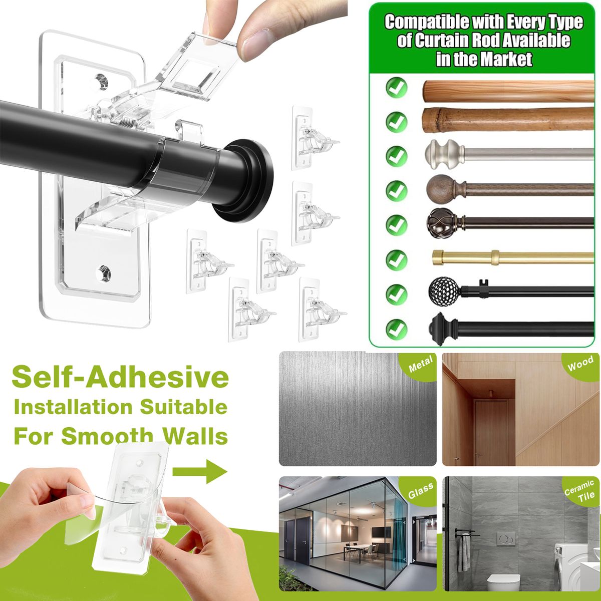 Cart In Mart 6Pack Adhesive Curtain Rod Holders No Drilling Nail-Free Adjustable Hooks