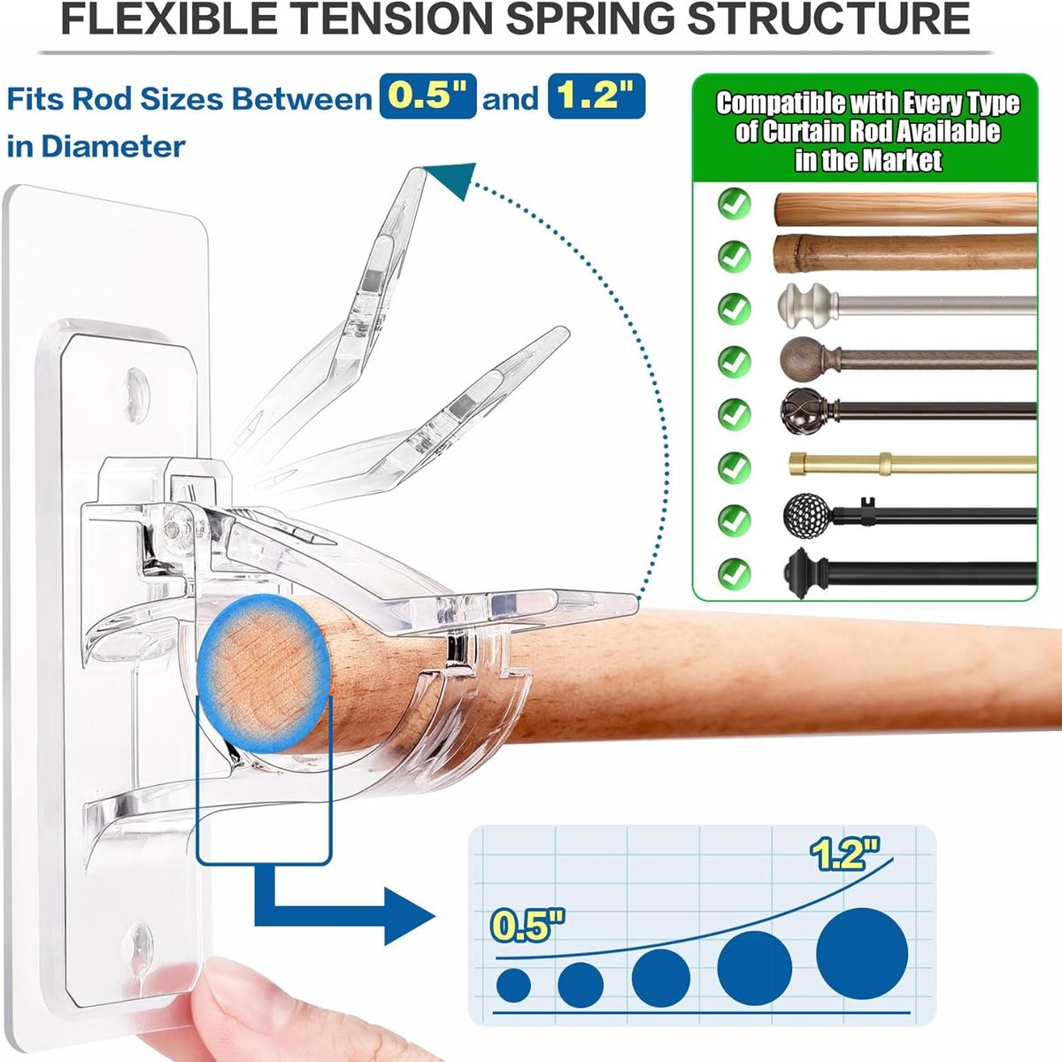 Cart In Mart 6Pack Adhesive Curtain Rod Holders No Drilling Nail-Free Adjustable Hooks