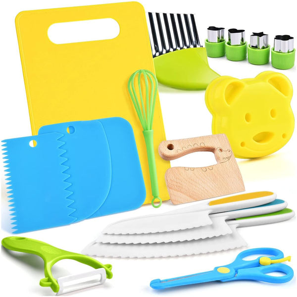 Cart In Mart 17 piece Kids Cooking Set Montessori Kitchen Toys Safe Knives Cutting Board