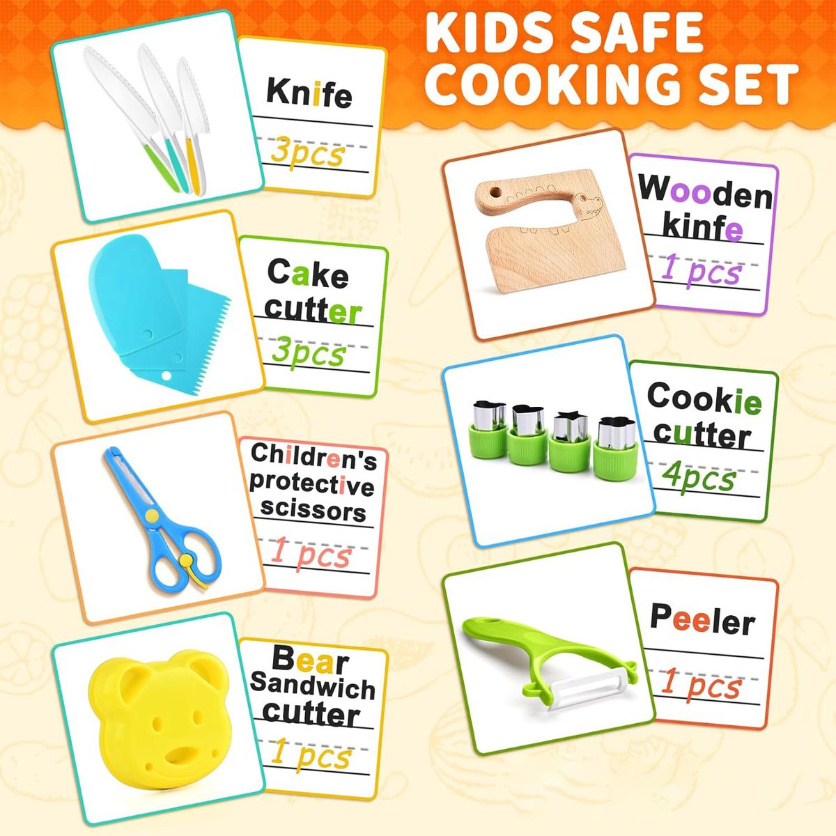 Cart In Mart 17 piece Kids Cooking Set Montessori Kitchen Toys Safe Knives Cutting Board