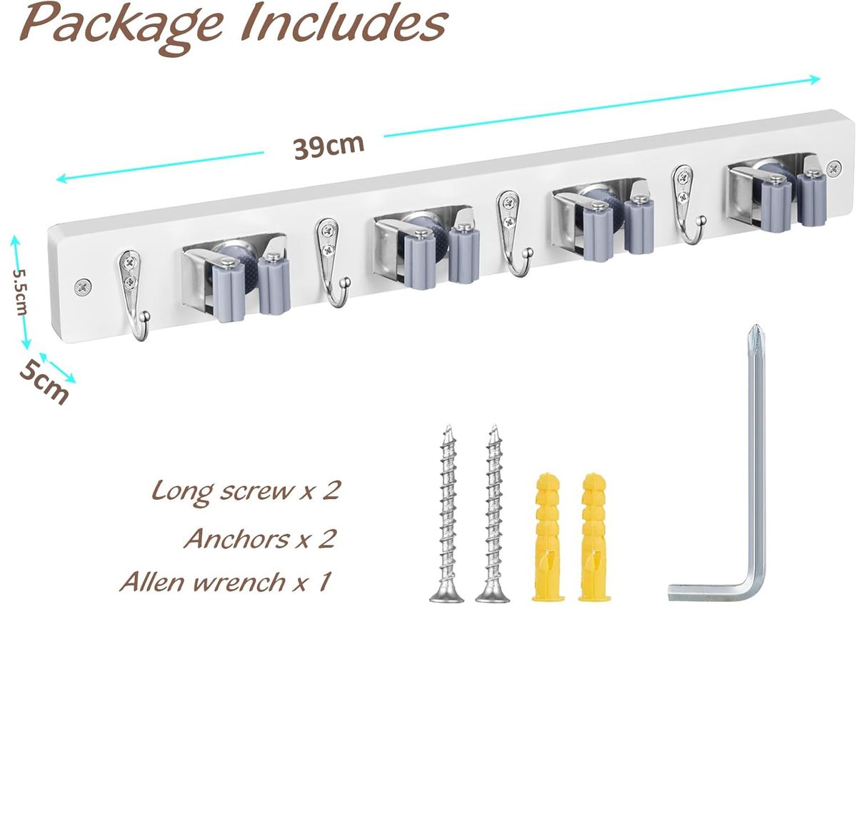 Cart In Mart Wall Mount Heavy Duty Mop Broom Organiser - Rubber Slots & Hooks