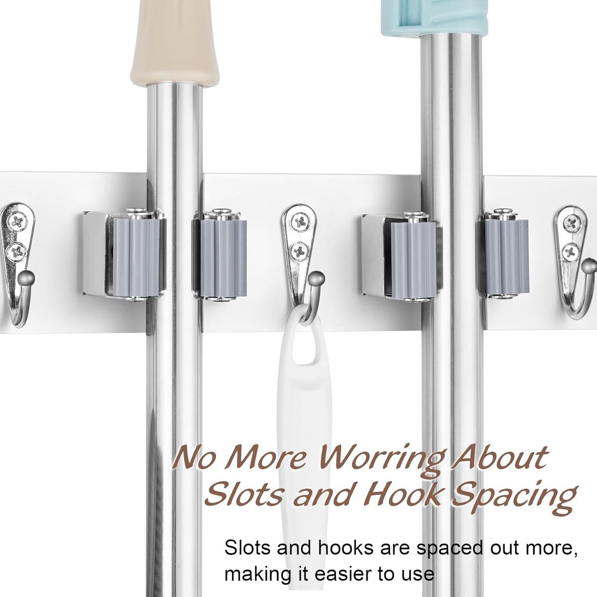 Cart In Mart Wall Mount Heavy Duty Mop Broom Organiser - Rubber Slots & Hooks