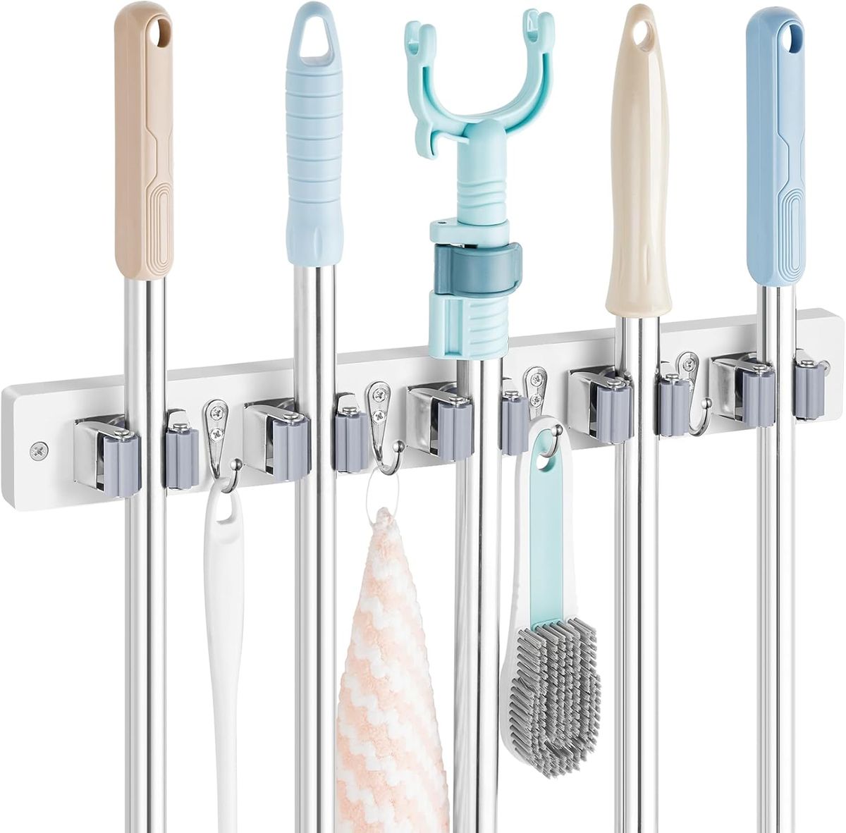 Cart In Mart Wall Mount Heavy Duty Mop Broom Organiser - Rubber Slots & Hooks
