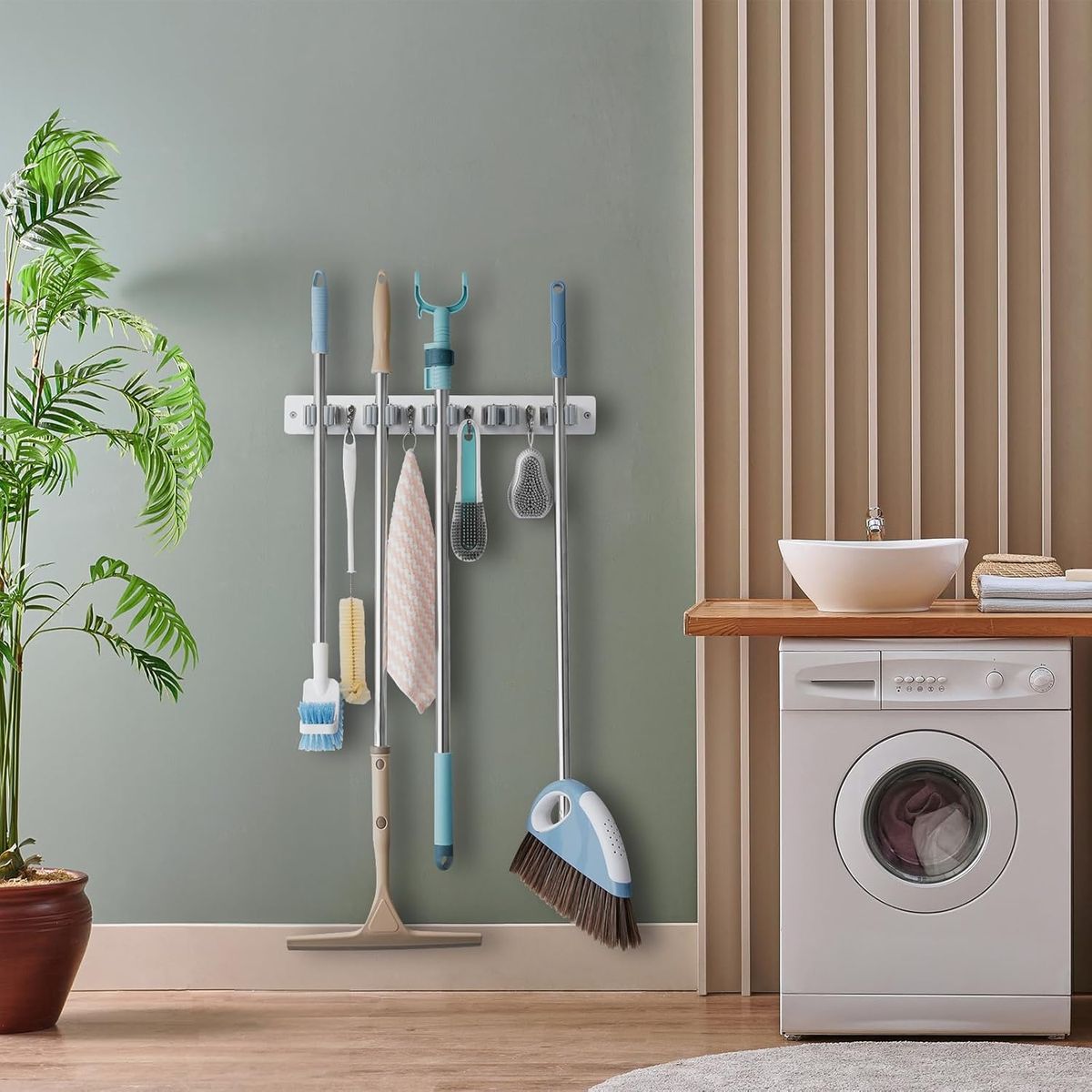 Cart In Mart Wall Mount Heavy Duty Mop Broom Organiser - Rubber Slots & Hooks