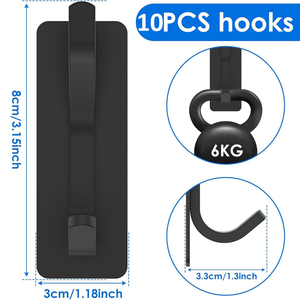 Cart In Mart Heavy Duty Metal Self-Adhesive Wall Hooks Stick On Door & Wall Hanger - Black - 10 Pack