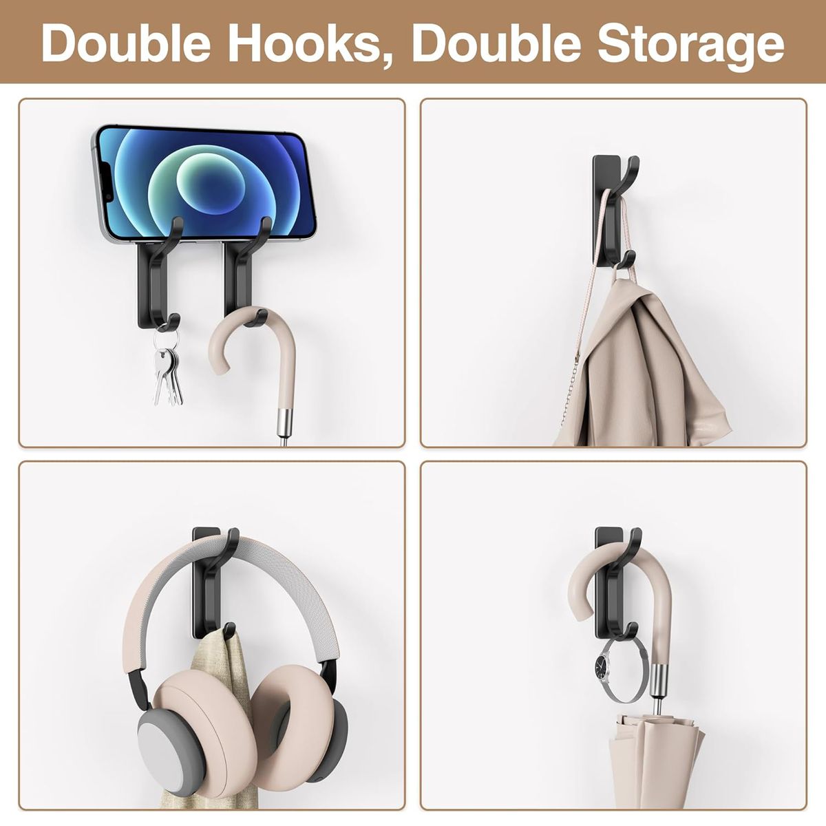 Cart In Mart Heavy Duty Metal Self-Adhesive Wall Hooks Stick On Door & Wall Hanger - Black - 10 Pack