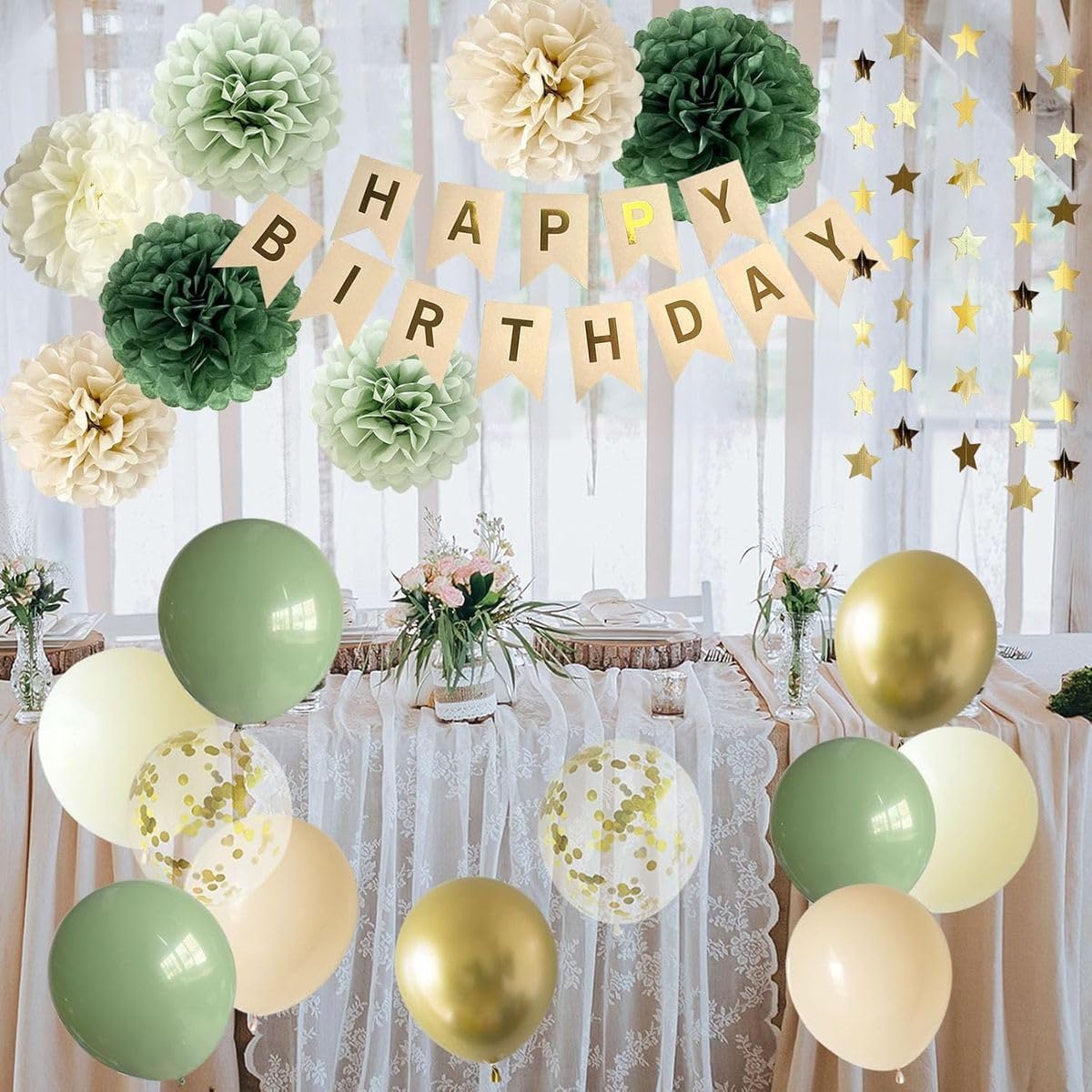 Cart In Mart Sage Green Happy Birthday Party Decorations Set