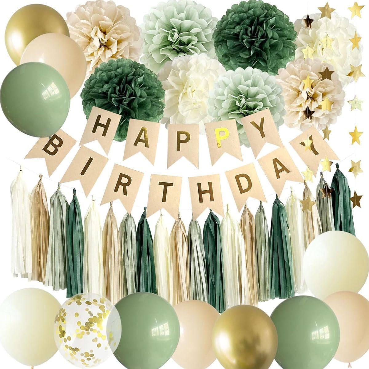 Cart In Mart Sage Green Happy Birthday Party Decorations Set