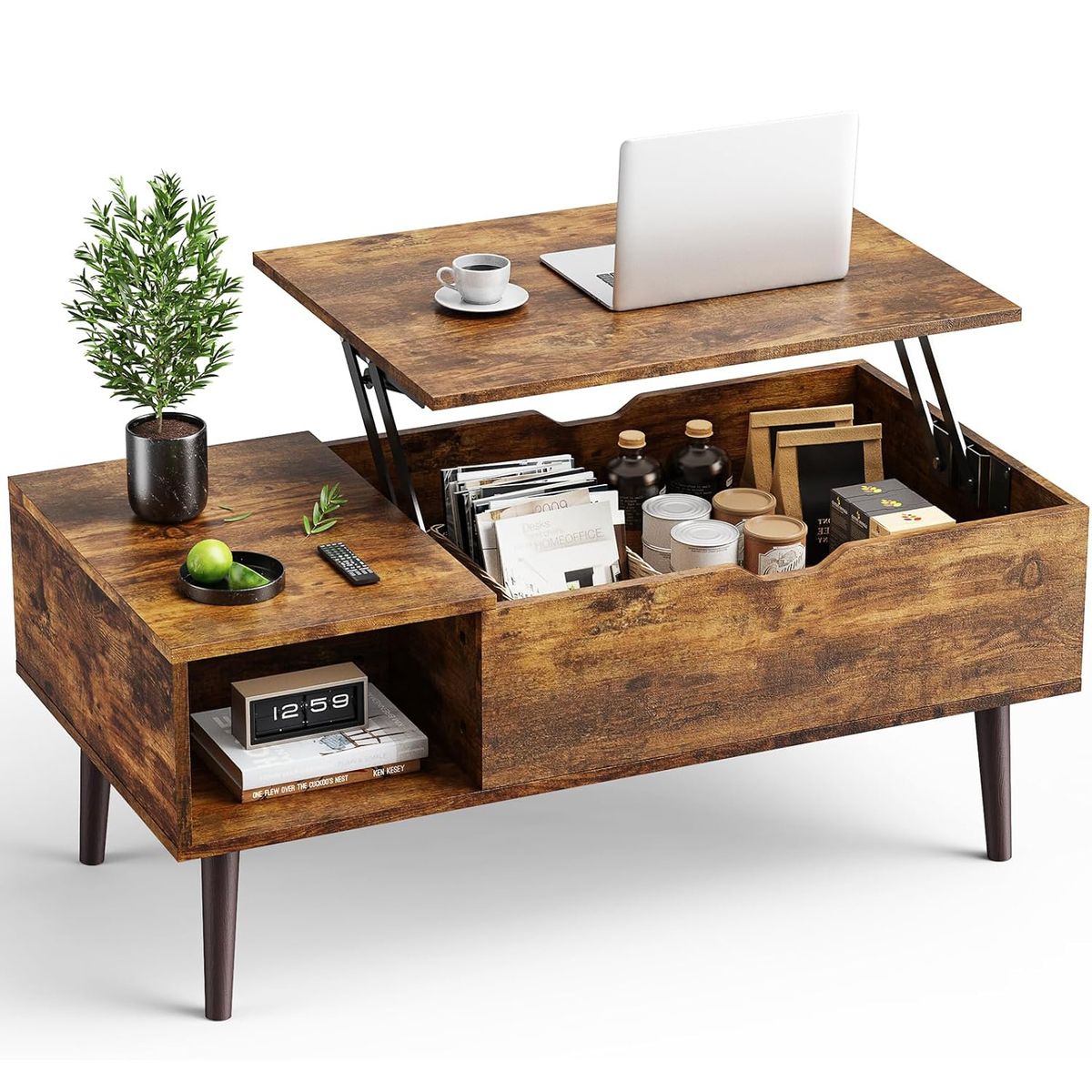 Cart In Mart Lift Top Wooden Center Coffee Table Living Room - Hidden Storage & Shelves
