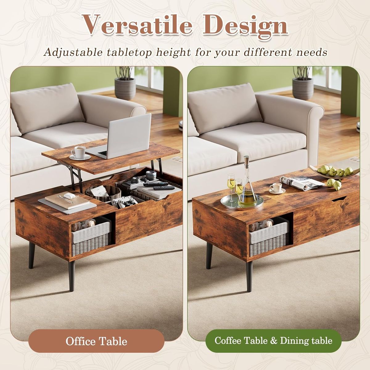 Cart In Mart Lift Top Wooden Center Coffee Table Living Room - Hidden Storage & Shelves