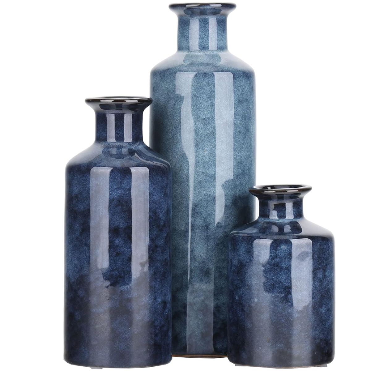 Cart In Mart - Blue Ceramic Vase Set - Decorative Farmhouse Vase - 3 Piece Set