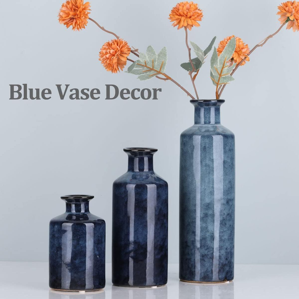 Cart In Mart - Blue Ceramic Vase Set - Decorative Farmhouse Vase - 3 Piece Set
