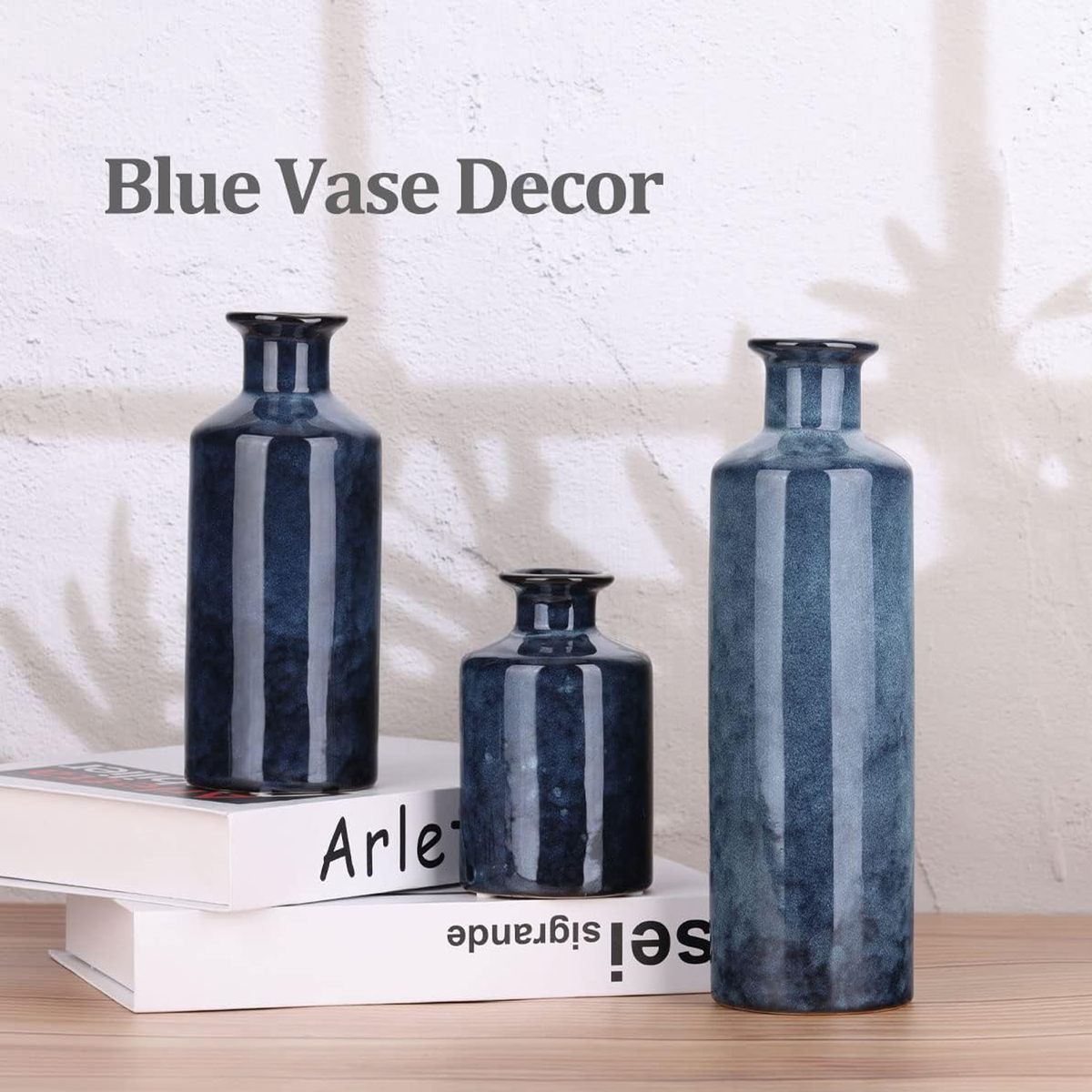 Cart In Mart - Blue Ceramic Vase Set - Decorative Farmhouse Vase - 3 Piece Set