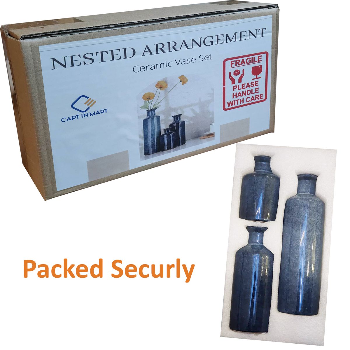 Cart In Mart - Blue Ceramic Vase Set - Decorative Farmhouse Vase - 3 Piece Set