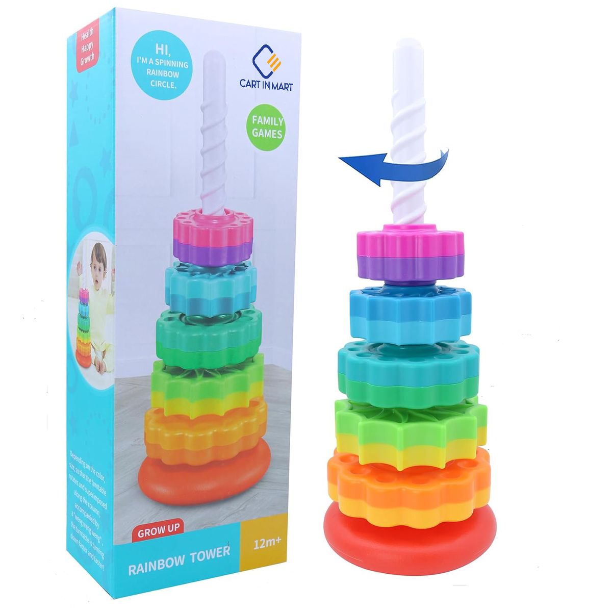 Cart In Mart Baby Spinning Stacking Toys Montessori Rainbow Ring Stacker 1-3 Year Olds