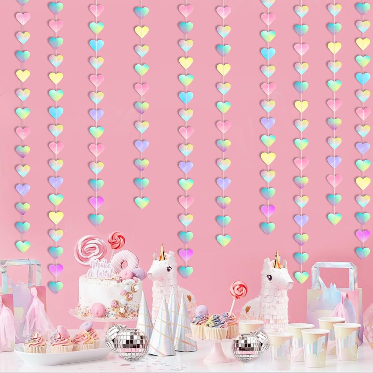 Cart In Mart Iridescent Disco Holographic Heart Garland Neon Party Streamer Banner Decor