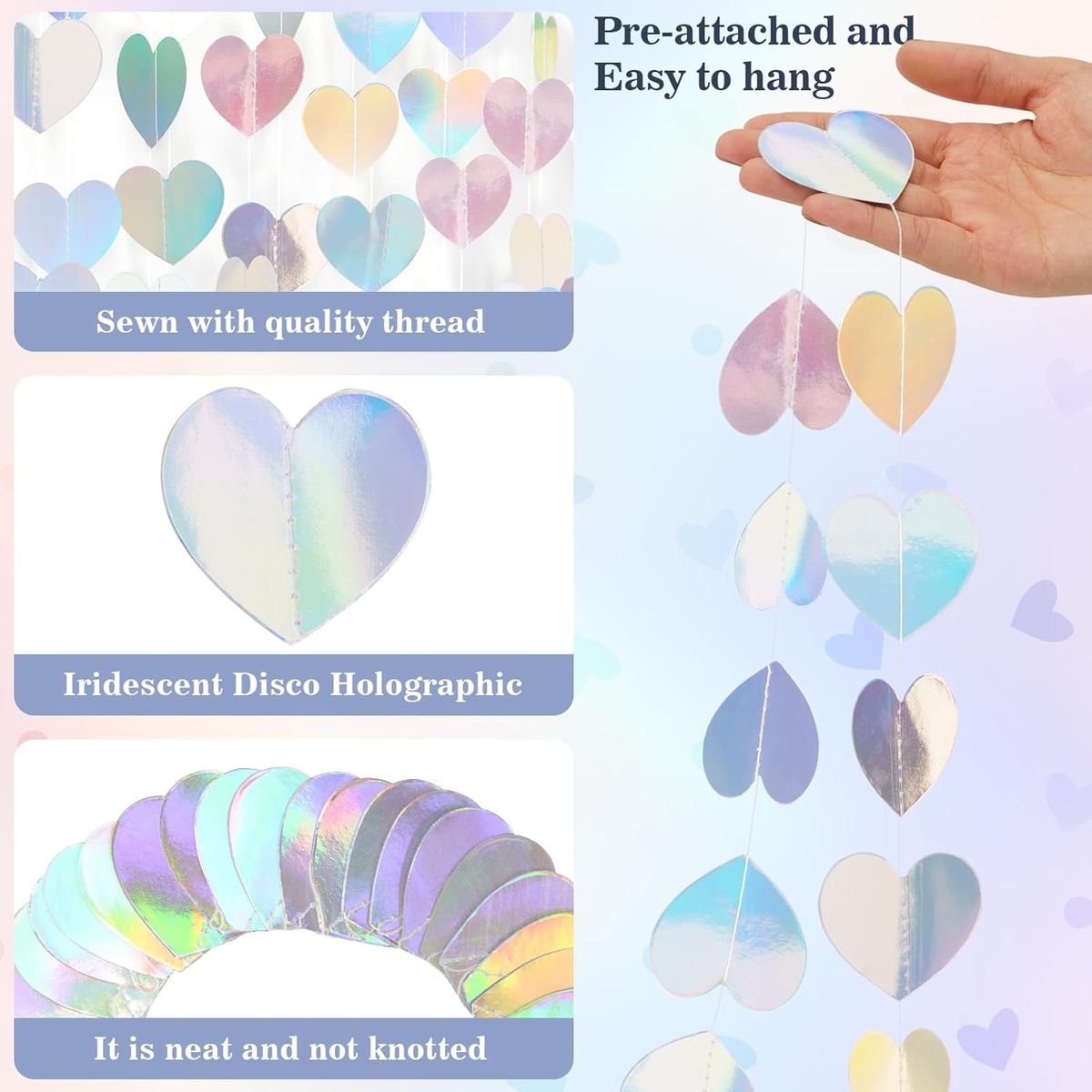 Cart In Mart Iridescent Disco Holographic Heart Garland Neon Party Streamer Banner Decor