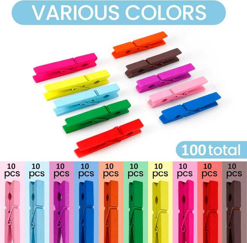 Cart In Mart 100 Pack Wooden Colored Clothes Pins-Clothing Pegs For Crafts Laundry-7.2cm