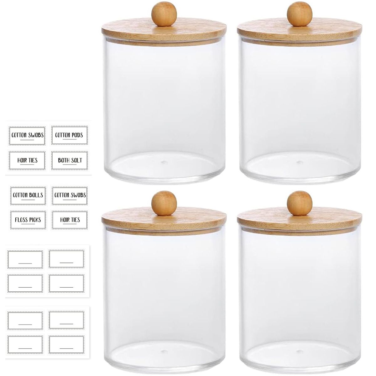 Cart In Mart 4-Pack Qtip Holder Dispenser with Bamboo Lids Apothecary Jar Containers