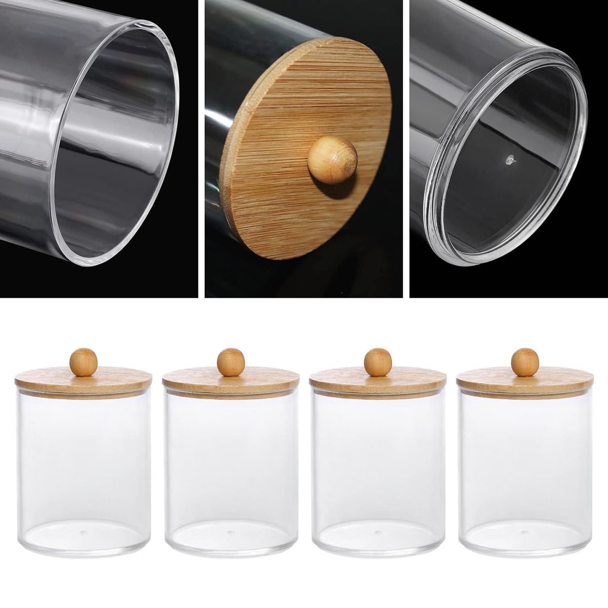 Cart In Mart 4-Pack Qtip Holder Dispenser with Bamboo Lids Apothecary Jar Containers