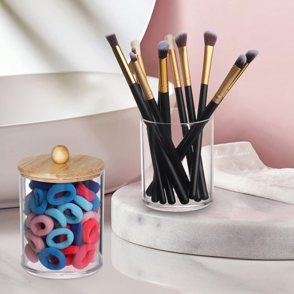 Cart In Mart 4-Pack Qtip Holder Dispenser with Bamboo Lids Apothecary Jar Containers