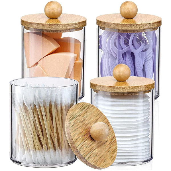 Cart In Mart 4-Pack Qtip Holder Dispenser with Bamboo Lids Apothecary Jar Containers