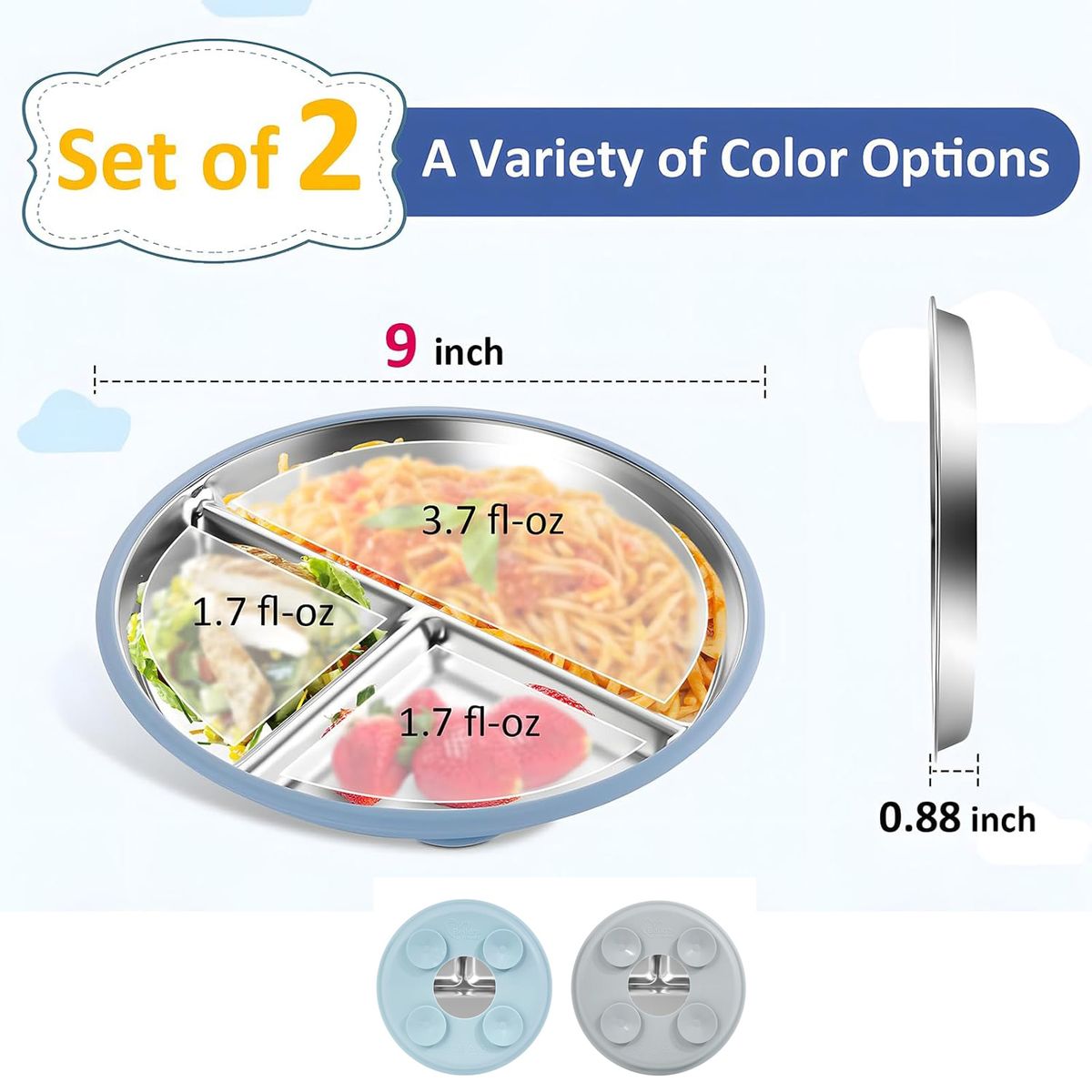Cart In Mart 2Pack Stainless Steel Toddler Plates 23cm Divided Baby Plates Suction Base
