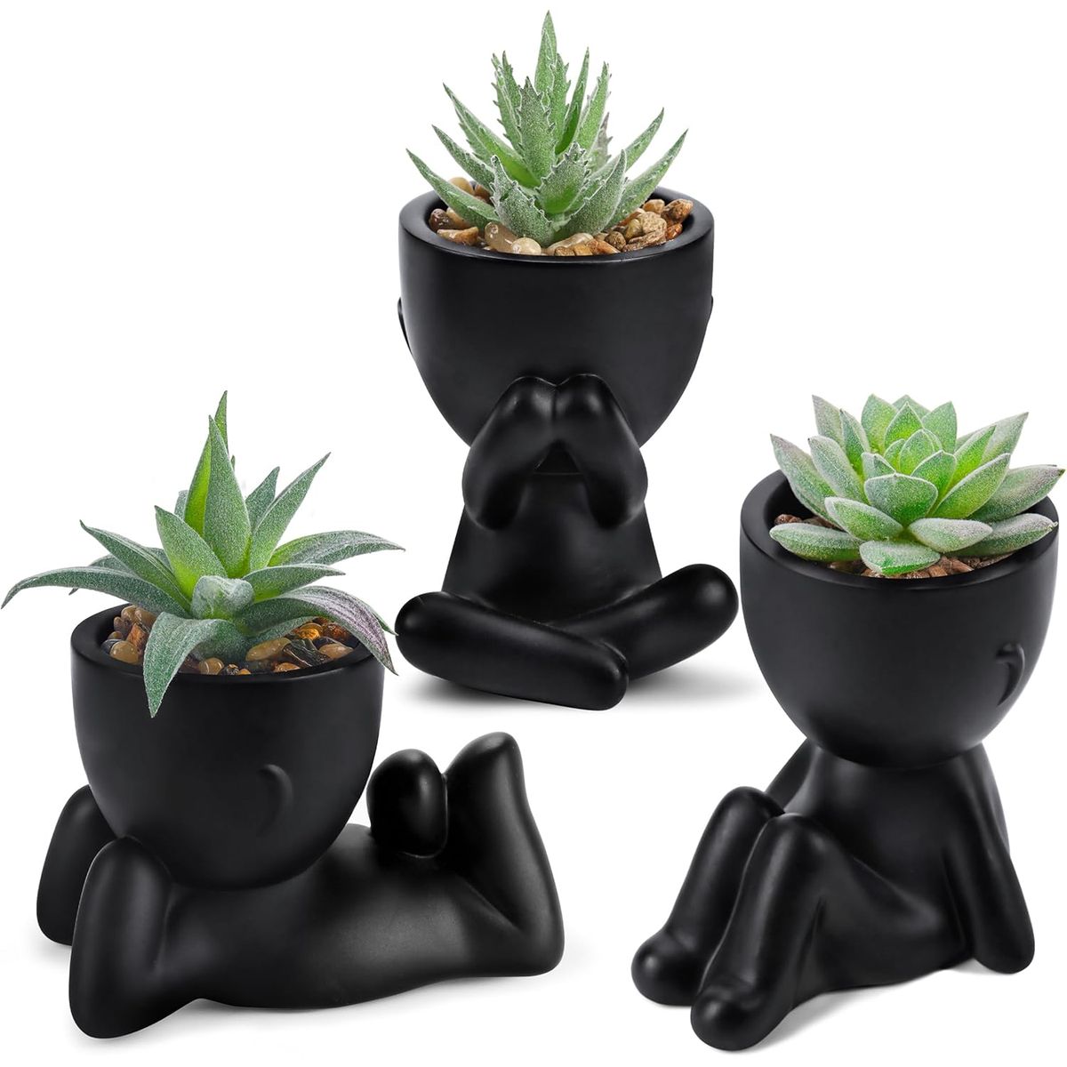 Cart In Mart 3 Piece Human-Shaped Potted Artificial Succulent Plants Cute Black Faux Plants