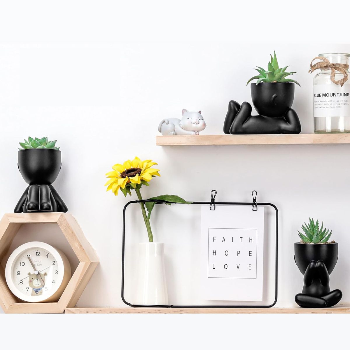 Cart In Mart 3 Piece Human-Shaped Potted Artificial Succulent Plants Cute Black Faux Plants