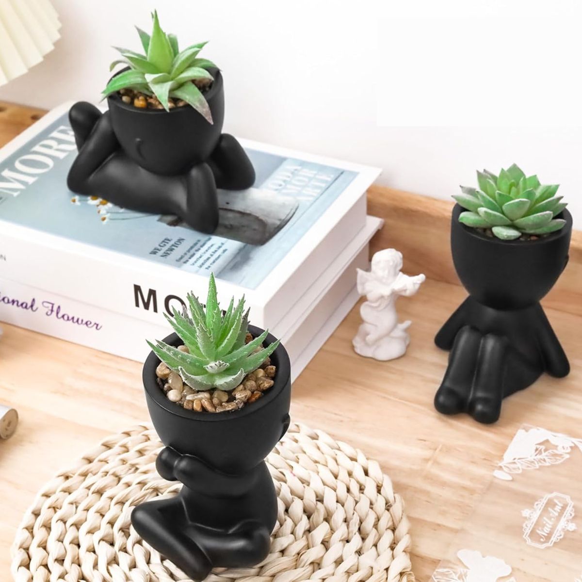 Cart In Mart 3 Piece Human-Shaped Potted Artificial Succulent Plants Cute Black Faux Plants