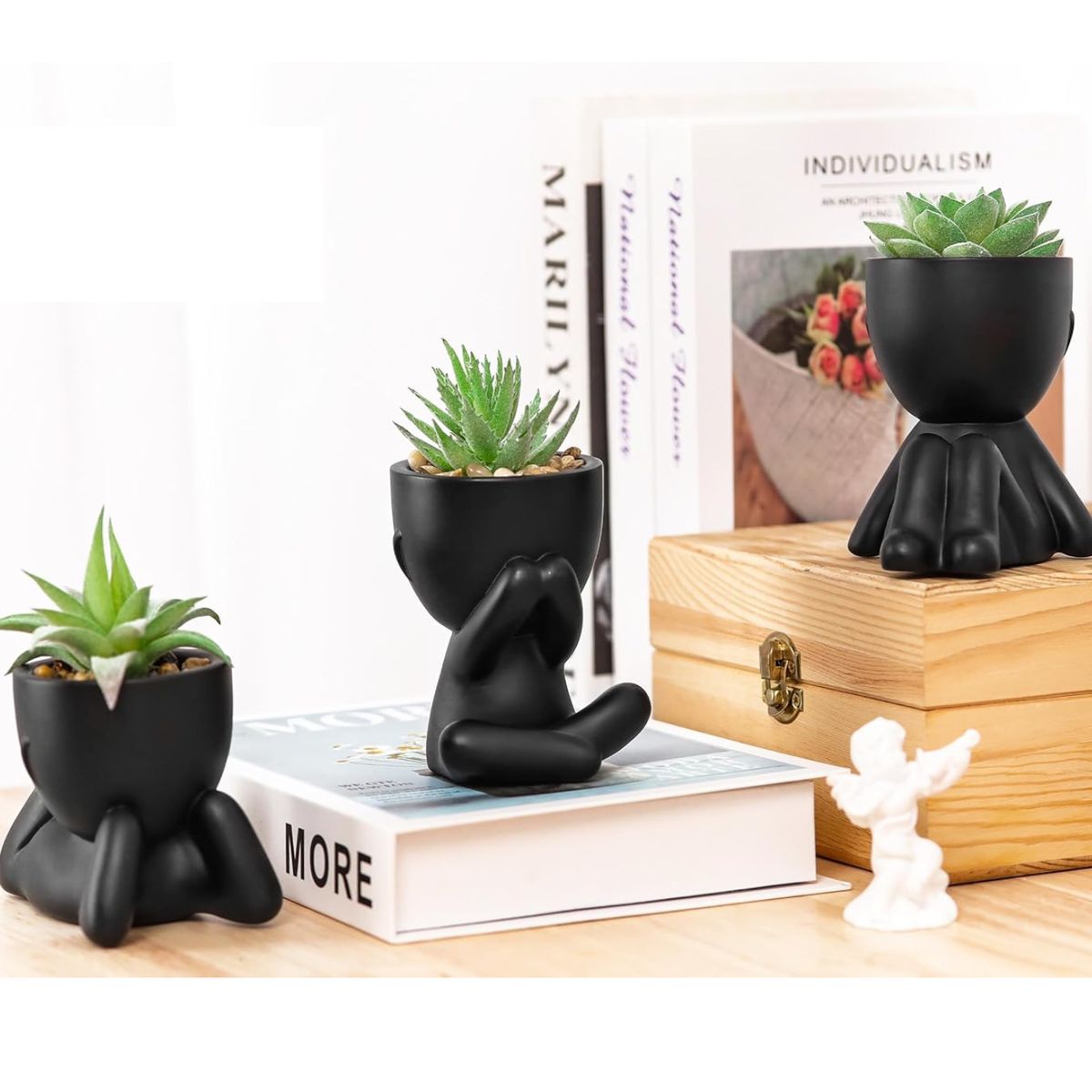 Cart In Mart 3 Piece Human-Shaped Potted Artificial Succulent Plants Cute Black Faux Plants