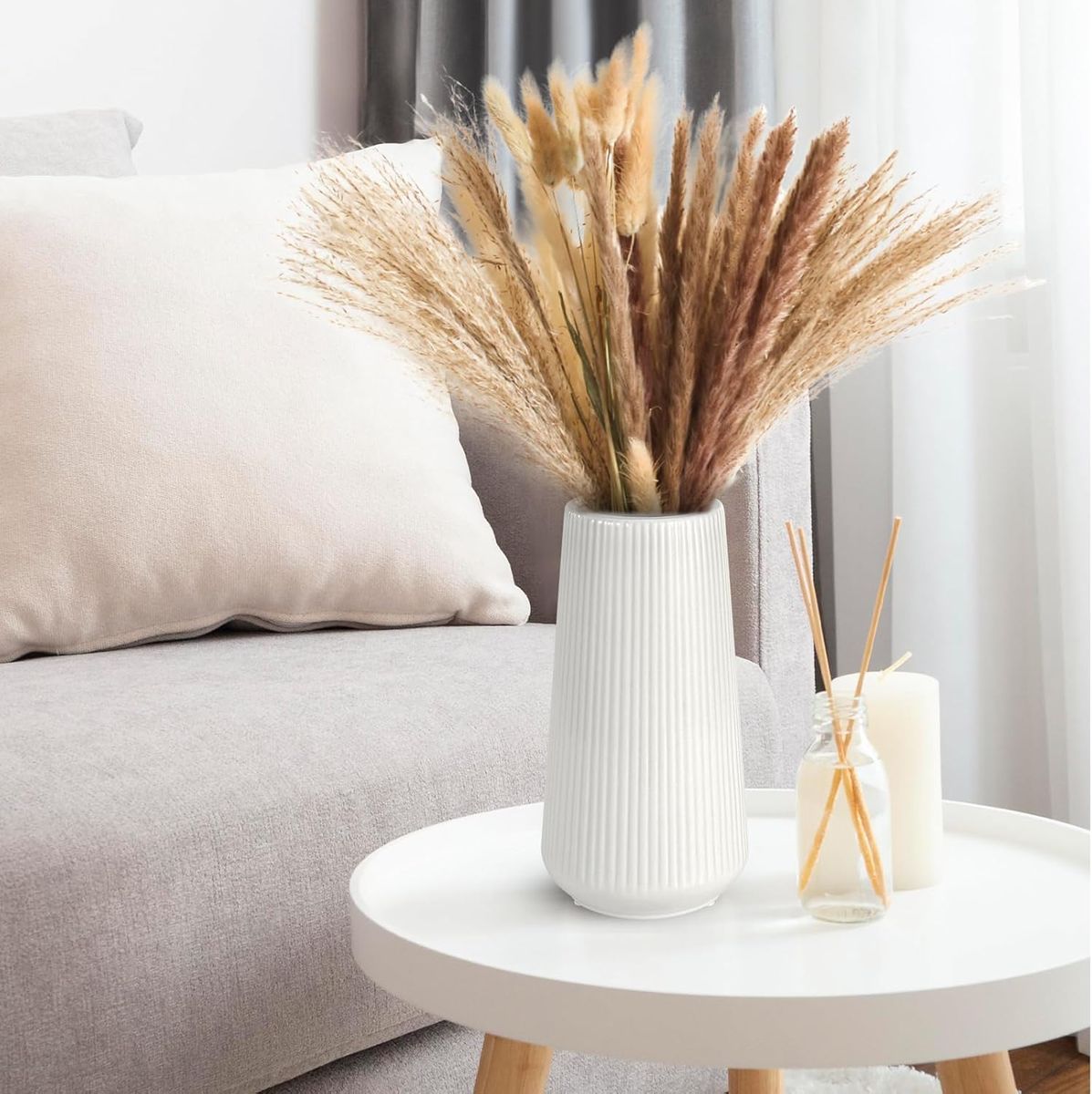 Cart In Mart White Ceramic Vase Modern Flower Vase Pampas Grass Home Living Room Decor