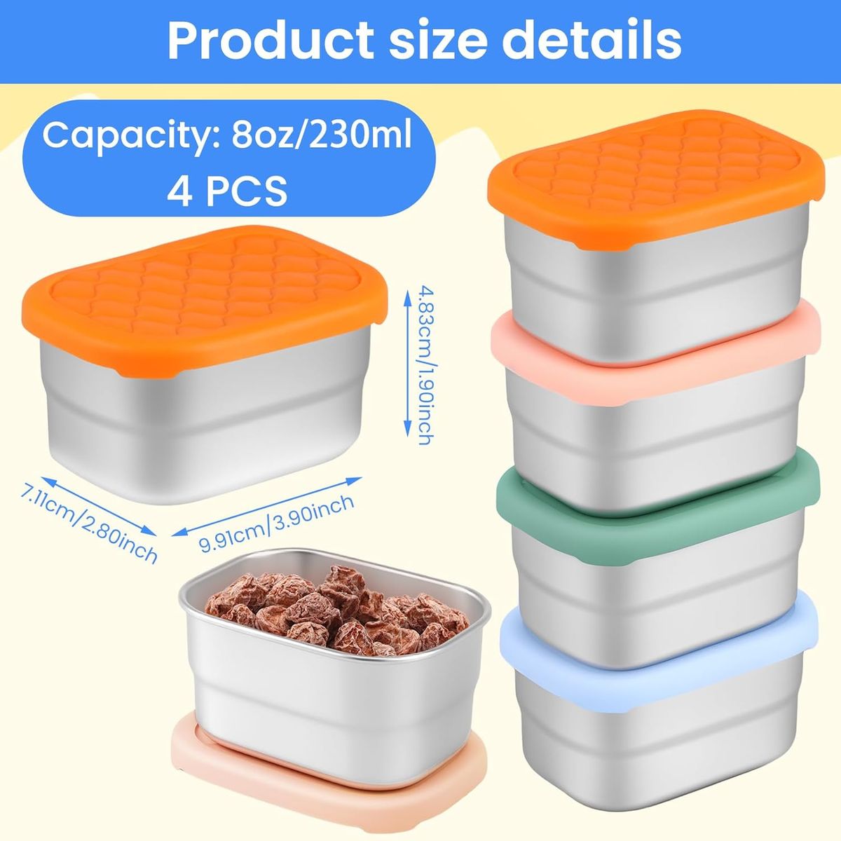 Cart In Mart 4Pack Stainless Steel Snack Containers Kids Cups Food Storage Leakproof Lid