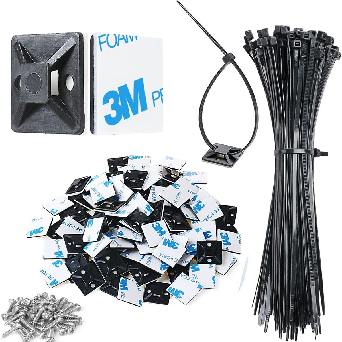 Cart In Mart 100Pack Black Cable Zip Tie Mounts with 8" Zip Ties Screws Strong Back Clip