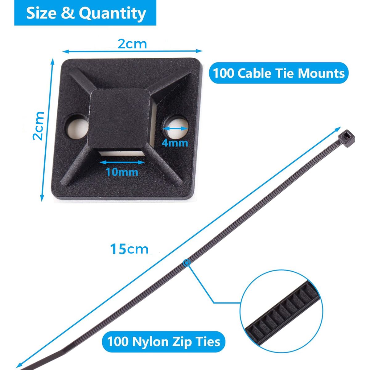 Cart In Mart 100Pack Black Cable Zip Tie Mounts with 8" Zip Ties Screws Strong Back Clip