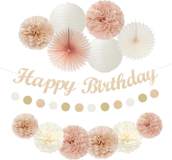 Cart In Mart Champagne-Gold Beige Fall Birthday Party Decorations-Banner Lantern,Pom Pom