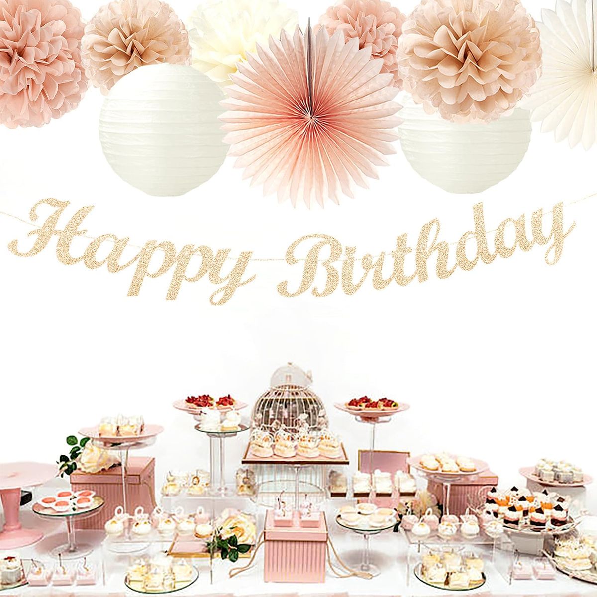 Cart In Mart Champagne-Gold Beige Fall Birthday Party Decorations-Banner Lantern,Pom Pom