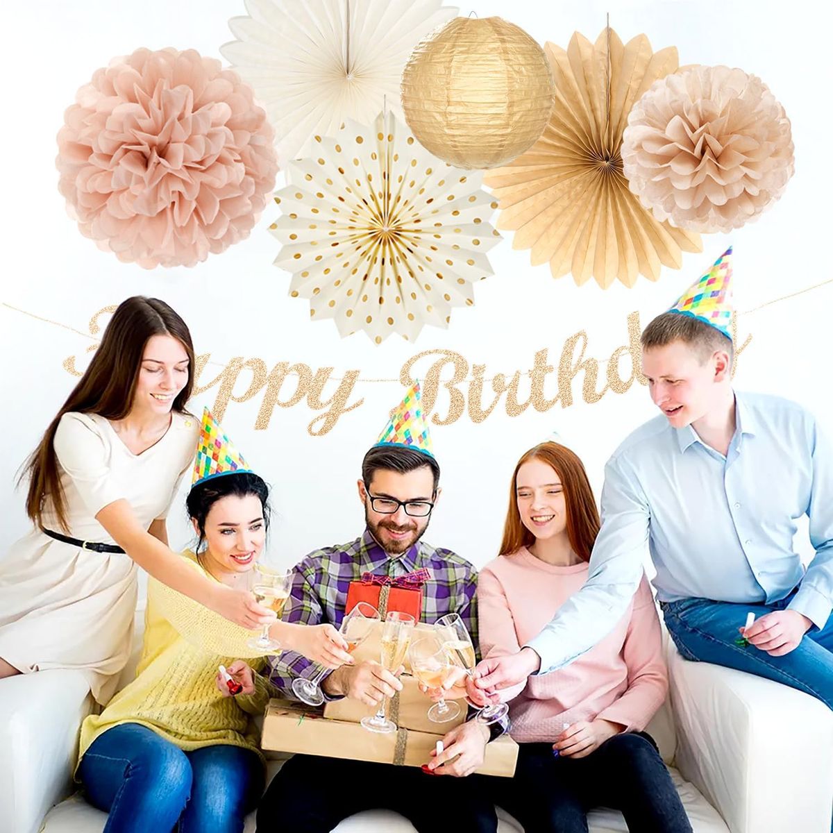 Cart In Mart Champagne-Gold Beige Fall Birthday Party Decorations-Banner Lantern,Pom Pom
