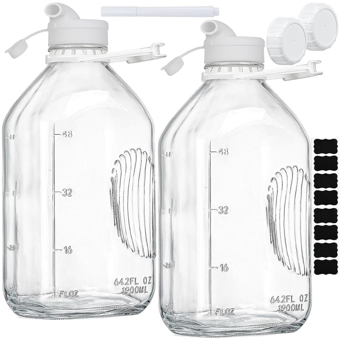 Cart In Mart 2Pack Glass Milk Bottles with 2 Pour Spouts & 2 Airtight Lids Reusable Jug