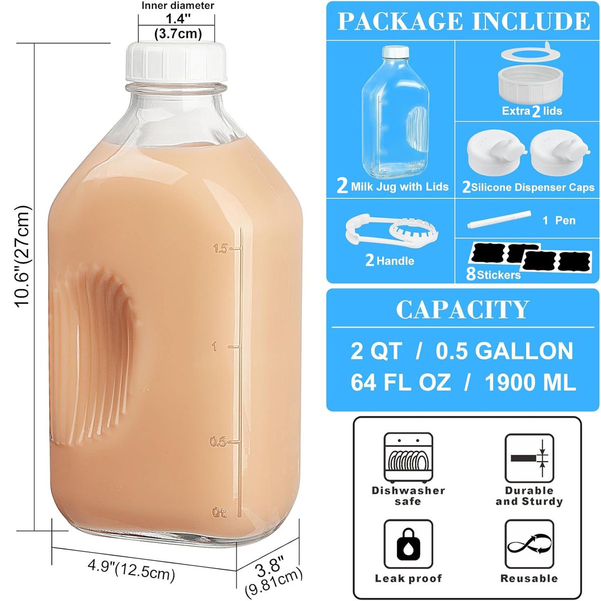 Cart In Mart 2Pack Glass Milk Bottles with 2 Pour Spouts & 2 Airtight Lids Reusable Jug