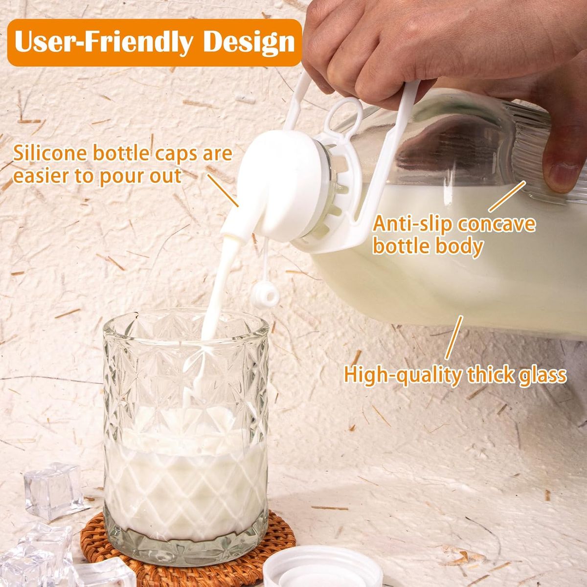 Cart In Mart 2Pack Glass Milk Bottles with 2 Pour Spouts & 2 Airtight Lids Reusable Jug