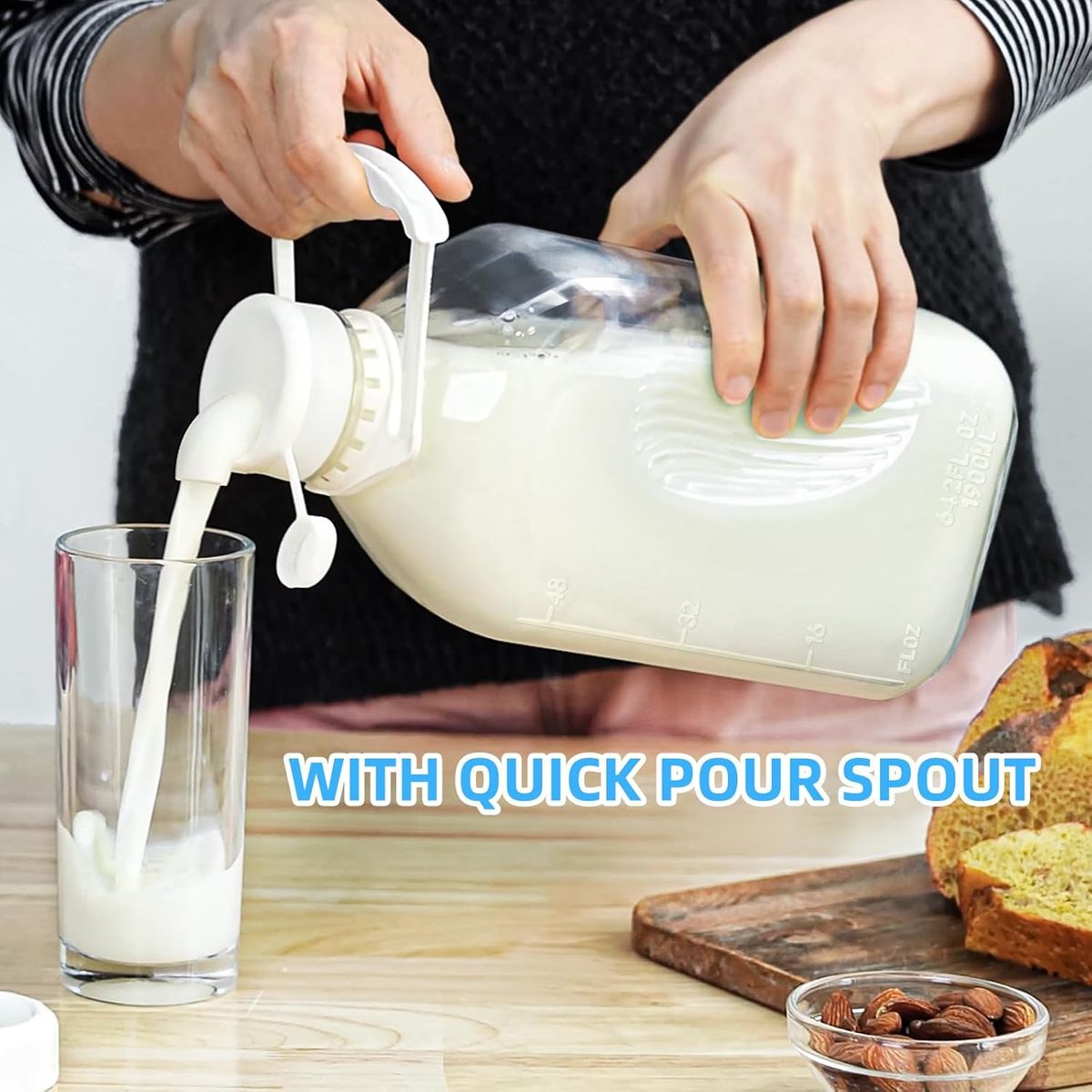 Cart In Mart 2Pack Glass Milk Bottles with 2 Pour Spouts & 2 Airtight Lids Reusable Jug