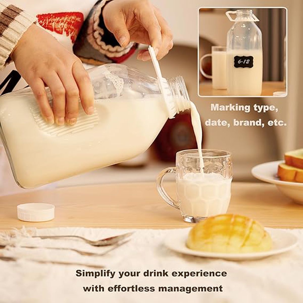 Cart In Mart 2Pack Glass Milk Bottles with 2 Pour Spouts & 2 Airtight Lids Reusable Jug