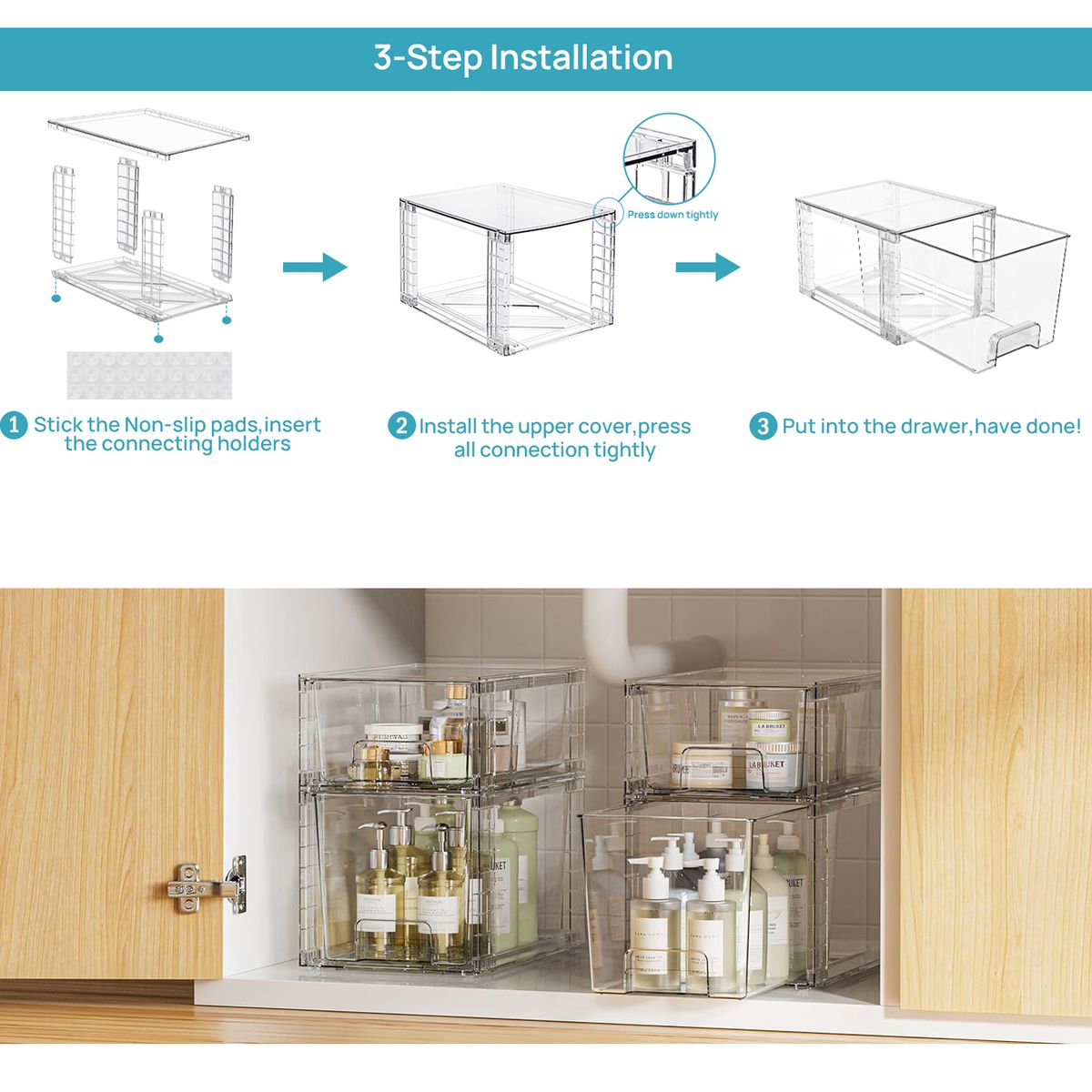 Cart In Mart 4Pack Clear Stackable Storage Drawers Bathroom & Kitchen Organizer Bins