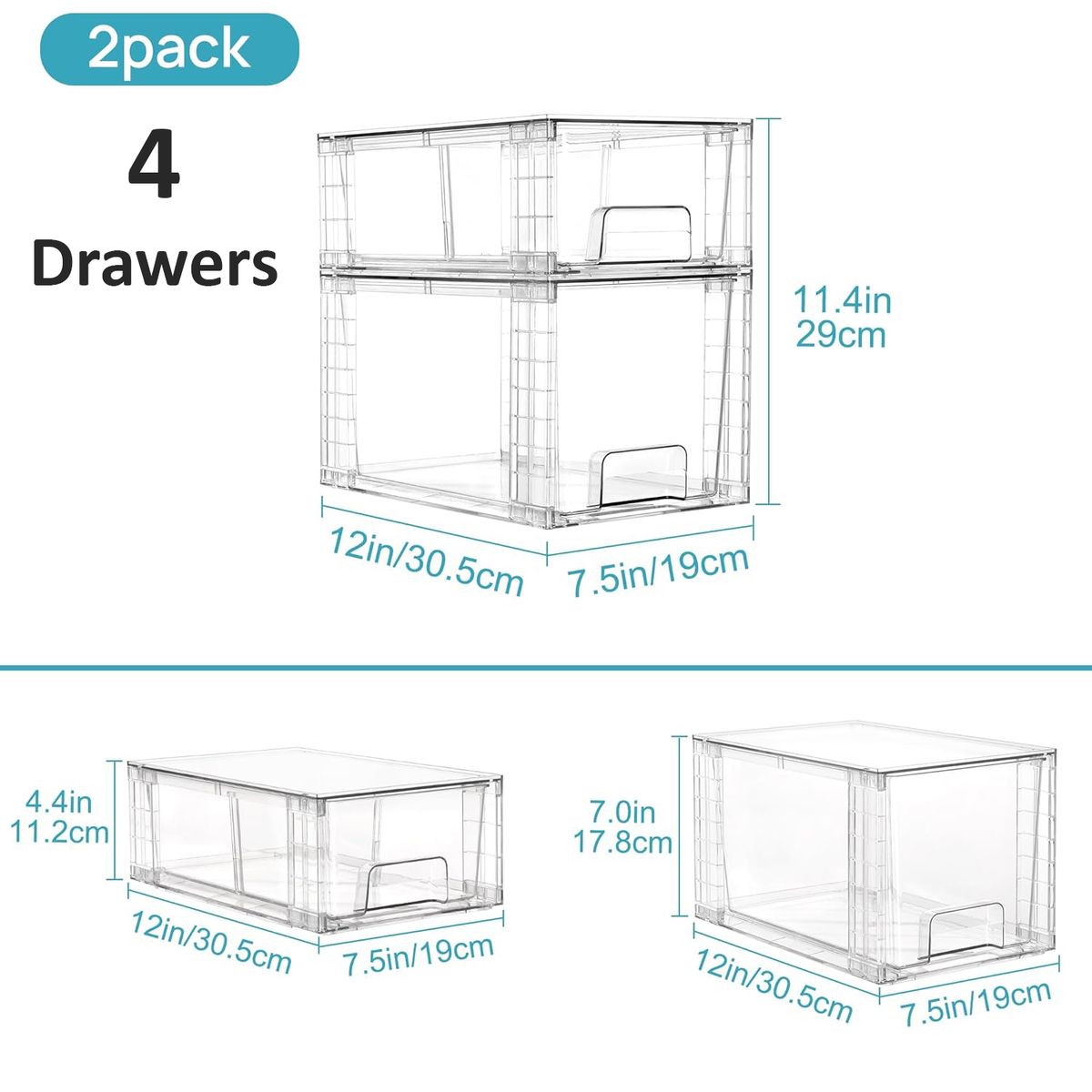 Cart In Mart 4Pack Clear Stackable Storage Drawers Bathroom & Kitchen Organizer Bins