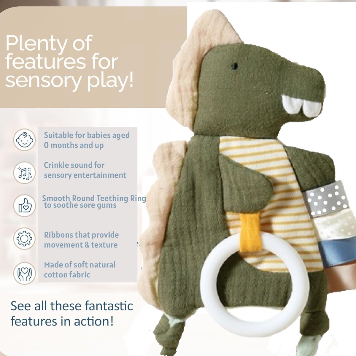Cart In Mart Sensory Toy Dinosaur Teething Ring & Ribbons Soft Plush Baby Toy 0+ Months