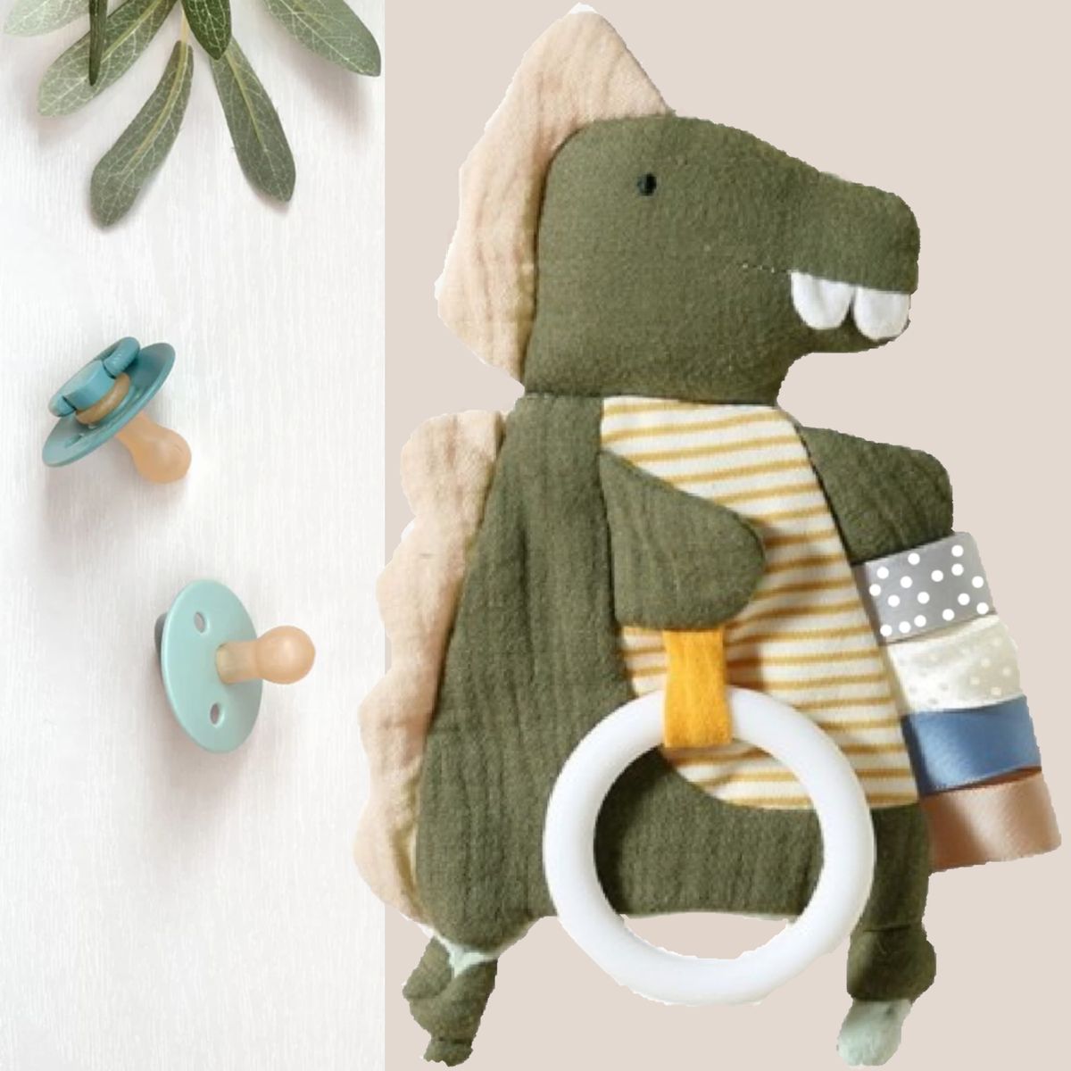 Cart In Mart Sensory Toy Dinosaur Teething Ring & Ribbons Soft Plush Baby Toy 0+ Months