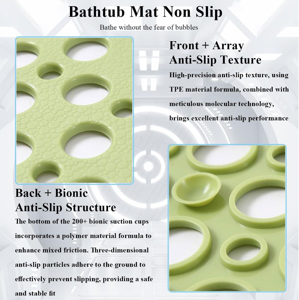 Cart In Mart Non-Slip Bathtub Shower Mat Suction Cups Bathroom Safety Mat w Drain Holes - Green