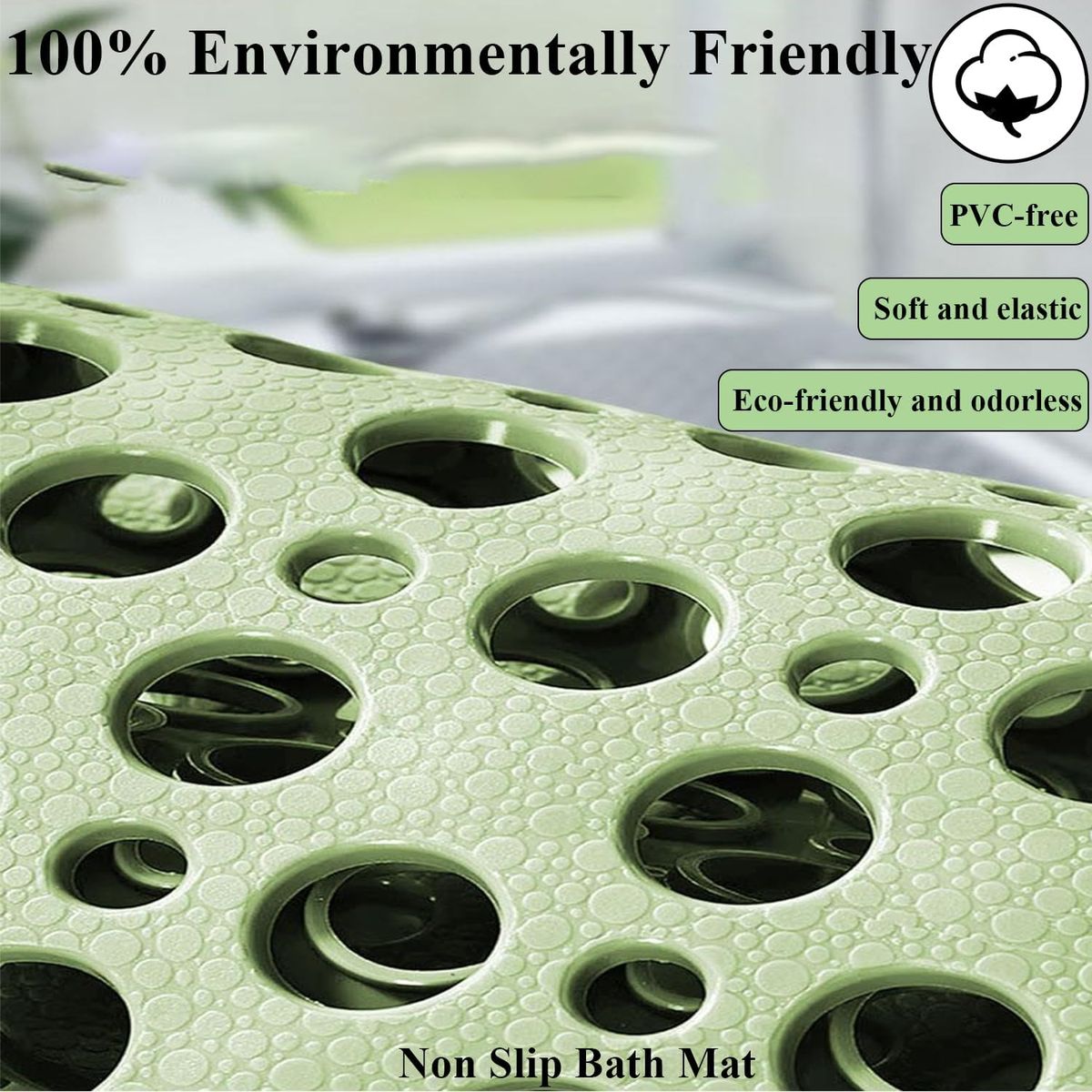 Cart In Mart Non-Slip Bathtub Shower Mat Suction Cups Bathroom Safety Mat w Drain Holes - Green